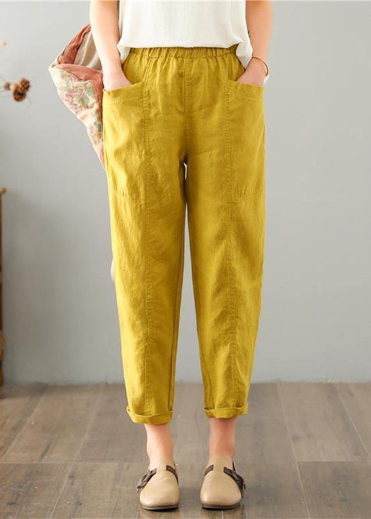 Natural Yellow Pockets Cotton Linen Pants Summer - SooLinen
