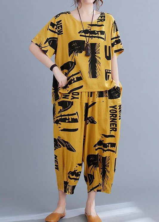 Natural Yellow Print Half Sleeve Summer Two Pieces Set - SooLinen