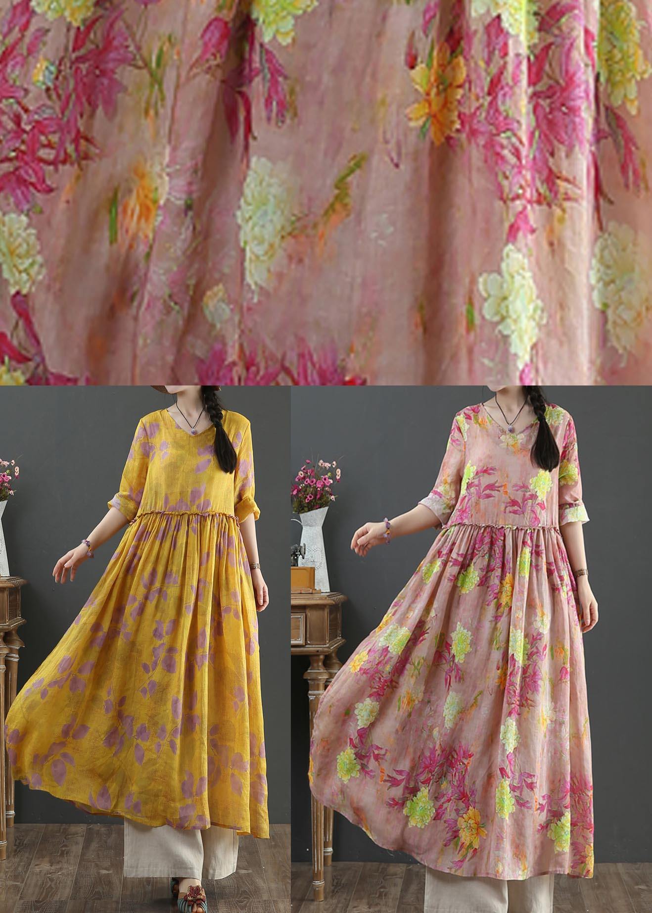 Natural Yellow Print Linen Cinched Summer Dress - SooLinen