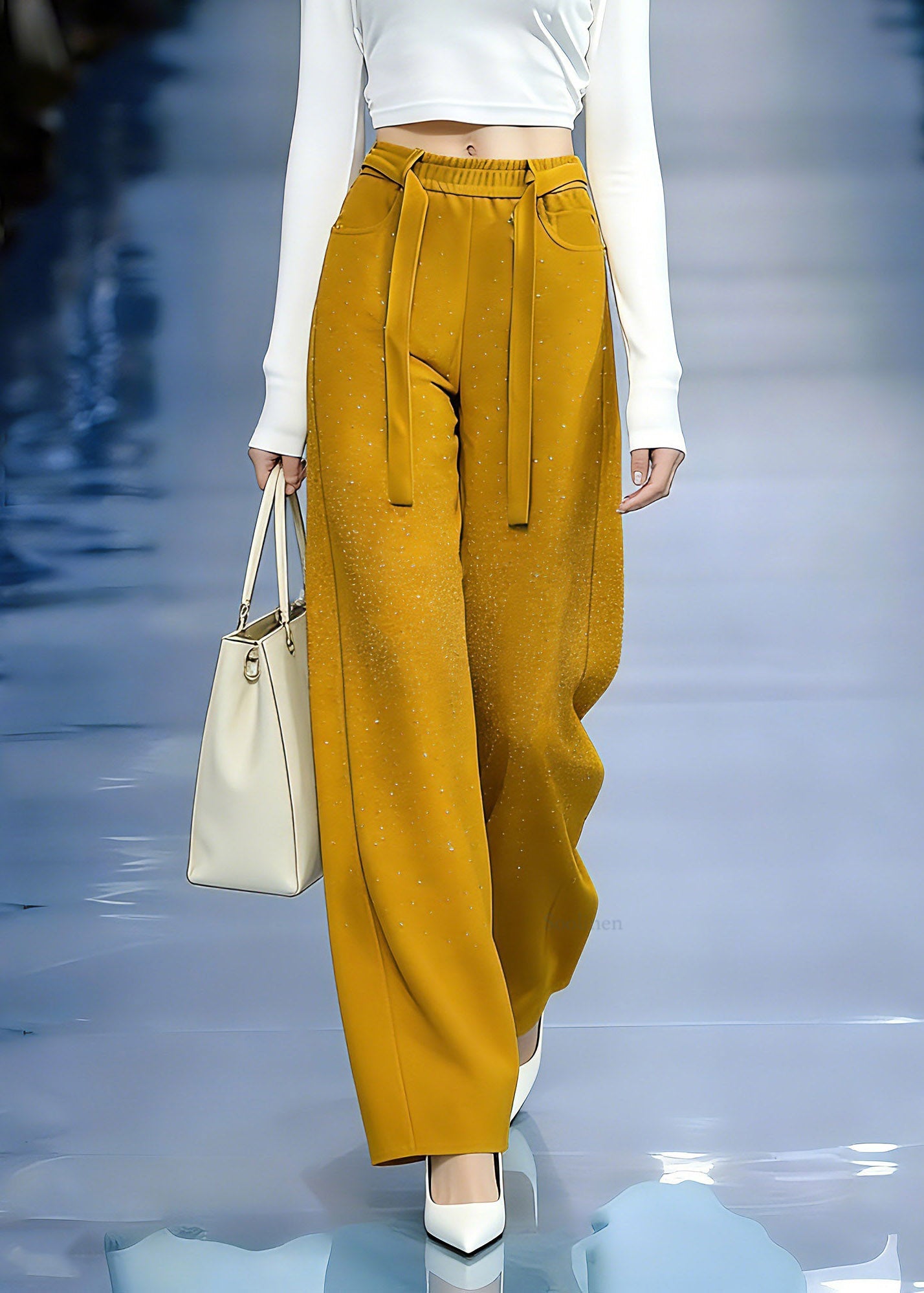Natural Yellow Zircon Elastic Waist Wide Leg Pants