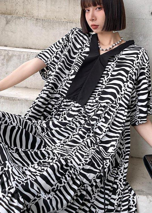 Natural Zebra pattern V Neck Cotton asymmetrical design Summer Maxi Dress - SooLinen