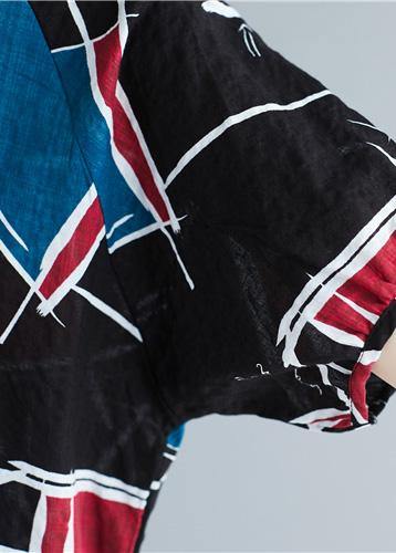 Natural asymmetric prints cotton tunics for women o neck oversized summer blouse - SooLinen