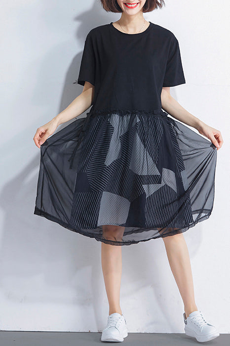 Natürliche schwarze Baumwolle Tunika Korea design o neck falsche zwei stücke sommer Kleid