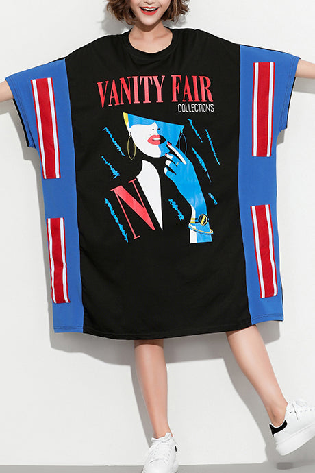 Natürliche schwarze Baumwollkleidung Vintage Form O-Ausschnitt Fledermausärmel Knielanges Sommerkleid