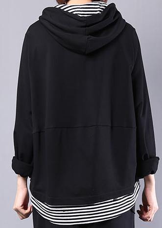 Natural black patchwork cotton clothes hooded false two pieces daily autumn tops - SooLinen