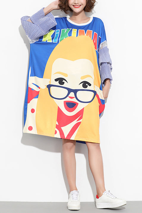 Natürliche blaue Baumwollkleidung Freizeitkleid O-Ausschnitt Patchwork täglich Sommerkleider