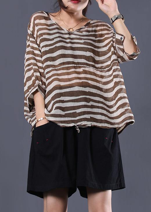 Natural brown striped v neck cotton Long Shirts drawstring hem baggy summer blouses - SooLinen