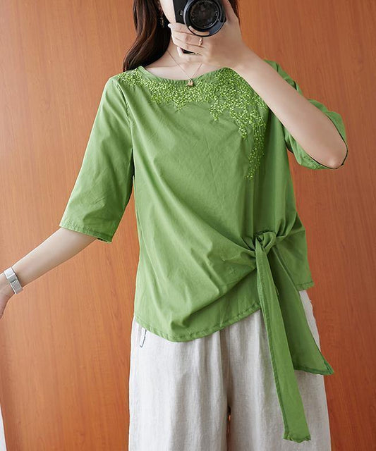 Natural green embroidery clothes o neck Bow tunic - SooLinen
