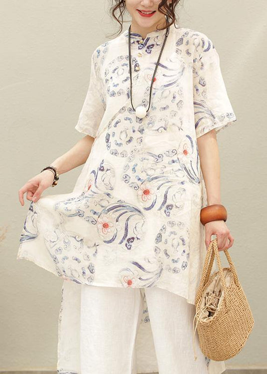 Natural green print linen linen tops women blouses stand collar asymmetric silhouette tops - SooLinen