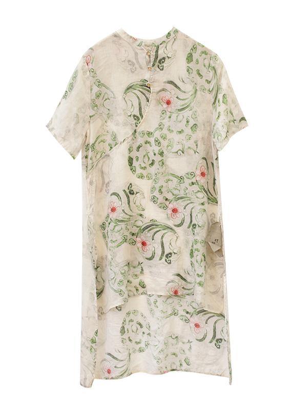 Natural green print linen linen tops women blouses stand collar asymmetric silhouette tops - SooLinen