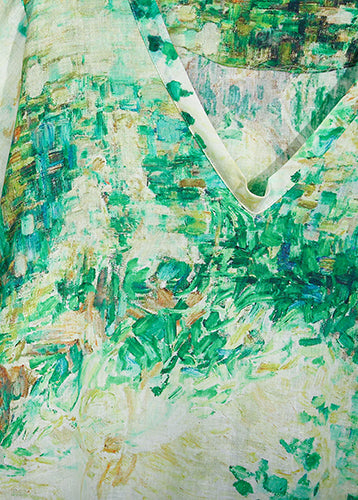 Natürliche grüne Drucke Leinen Kleidung Damen Outfits V-Ausschnitt Maxi Sommerkleid