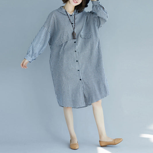 Natürliche Baumwolltuniken mit Kapuze in Übergröße, schwarz-weiß kariertes Baggy-Kleid