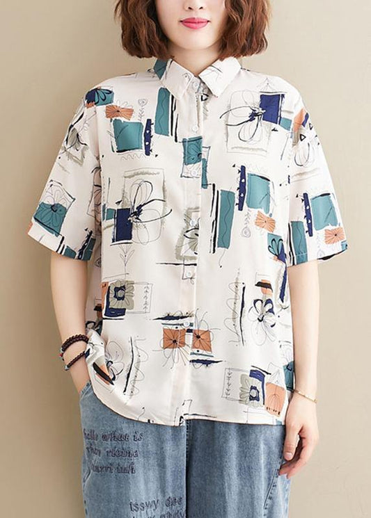 Natural lapel summer tops women Work Outfits white print blouses - SooLinen