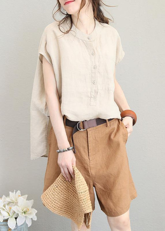 Natural low high design linen tunic top Shirts khaki o neck top summer - SooLinen