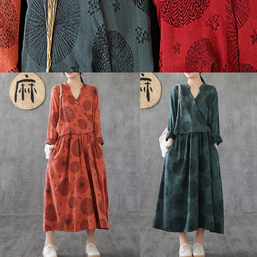 Natural o neck patchwork cotton Tunics orange embroidery long Dress - SooLinen