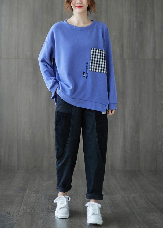 Natural o neck patchwork maxi coat blue Knee women coats - SooLinen