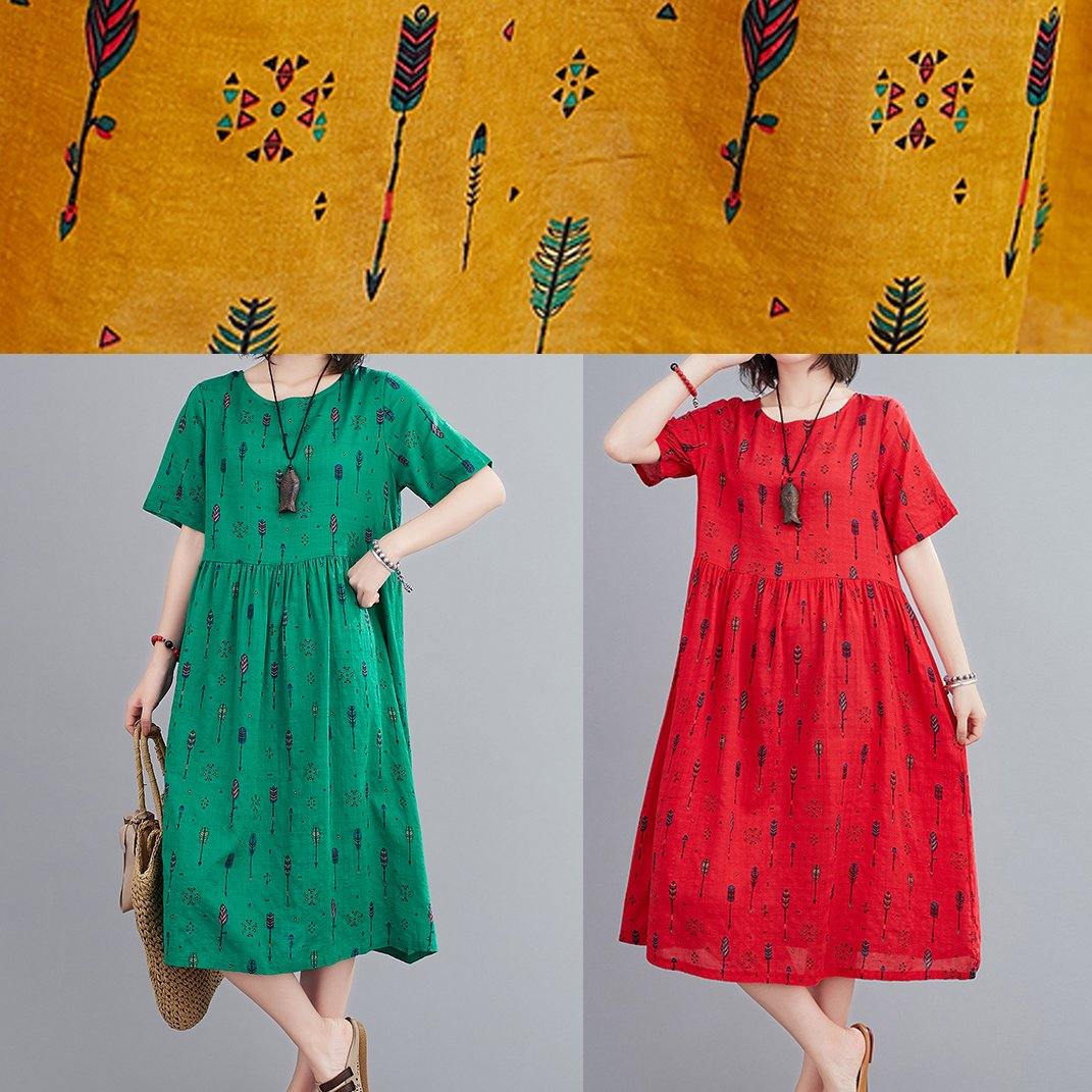 Natural o neck summer Sewing green print long Dress - SooLinen