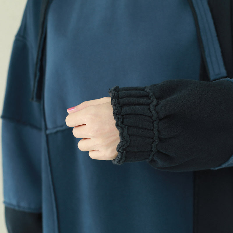 Natürliche Patchwork-Kapuzen-Steppkleider aus Baumwolle 2019, blaues Midikleid