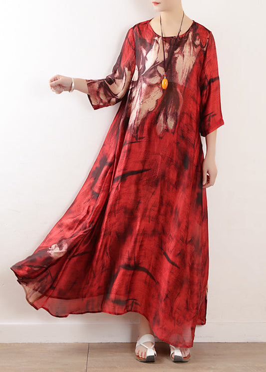 Natürliche rote bedruckte Seidenkleider, asymmetrischer Kaftan mit großem Saum, Sommerkleider