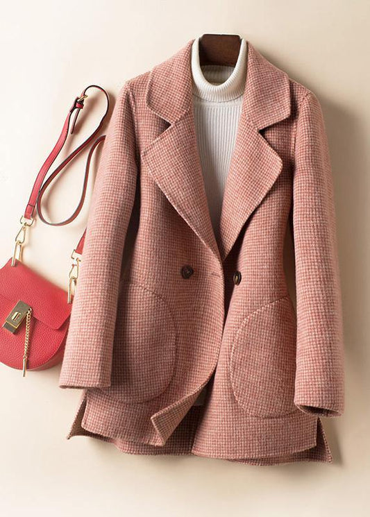 Natural rose plaid Plus Size tunics for women Fashion Ideas Notched pockets women Woolen Coats - SooLinen