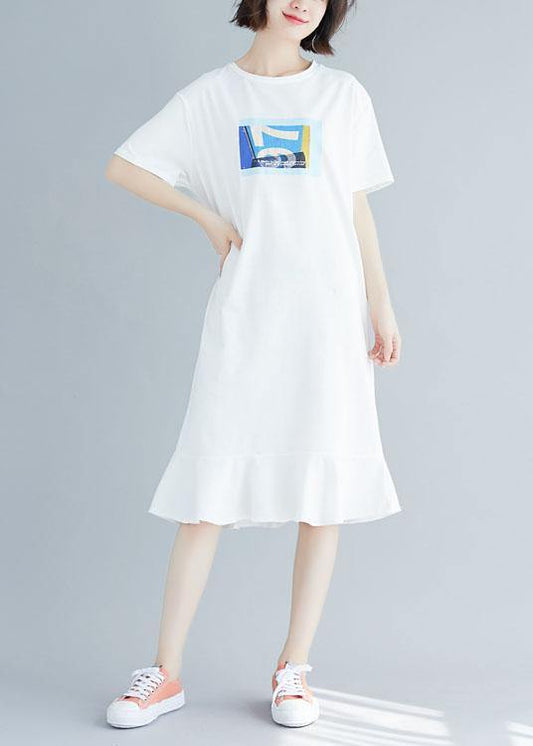 Natural ruffles hem cotton clothes For Women Shirts white prints Dress summer - SooLinen