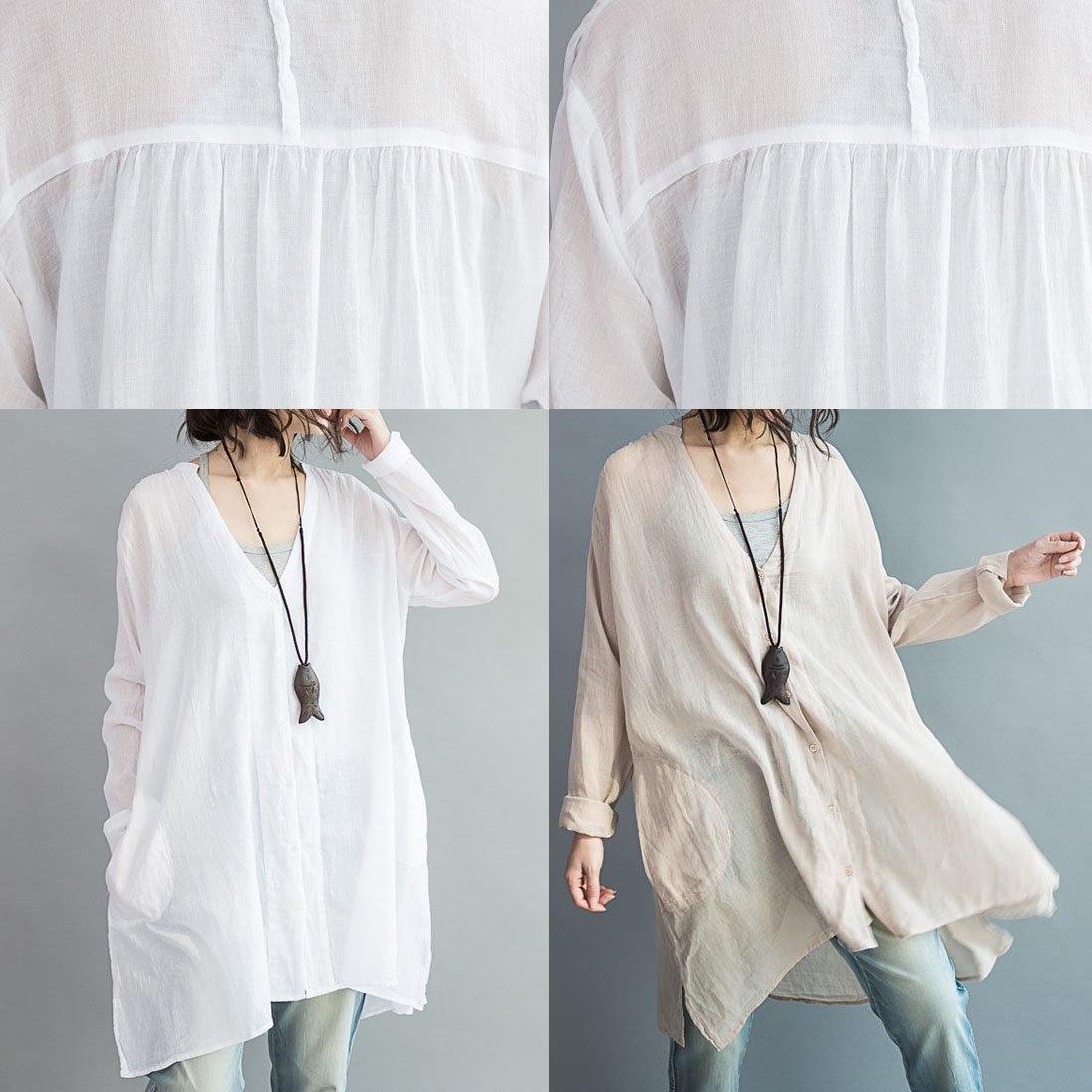 Natural v neck cotton Tunic pattern nude tops summer - SooLinen