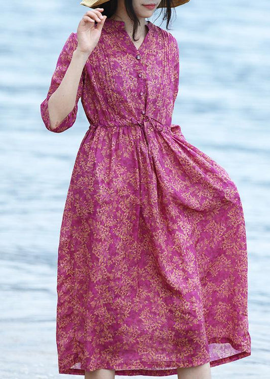 Natural v neck linen tie waist Wardrobes Shirts purple Dress - SooLinen