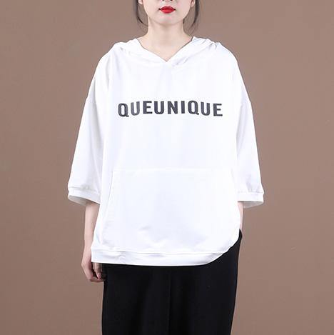 Natural white Letter tunic pattern hooded half sleeve Dresses tops - SooLinen