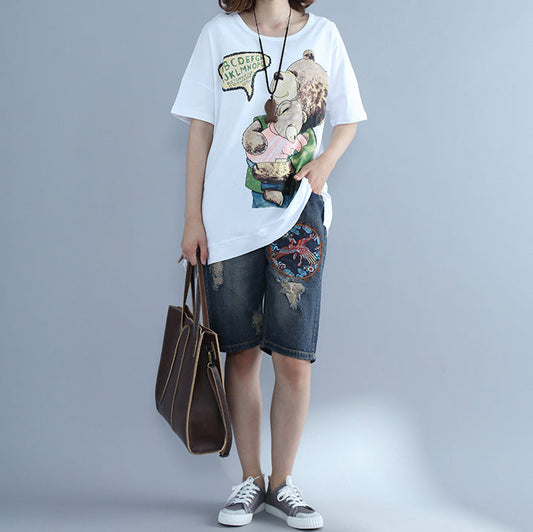 Natürliche weiße bedruckte Baumwollkleidung Omychic Photography Batwing Sleeve O-Ausschnitt Top