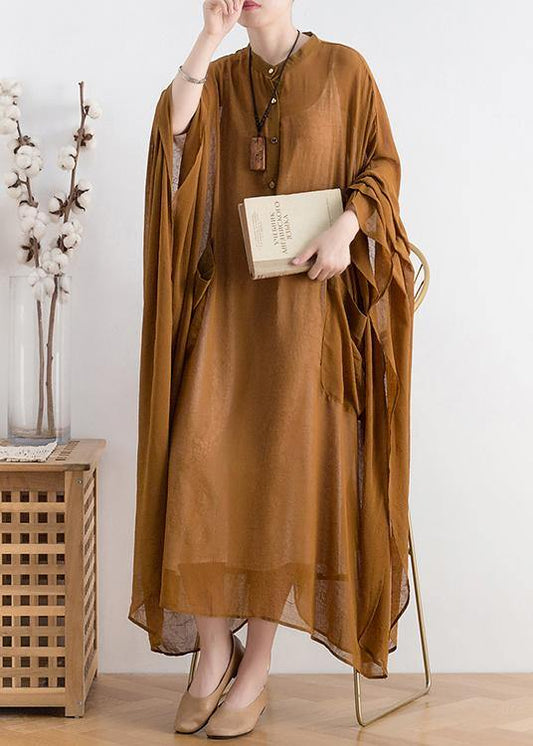 Natural yellow chiffon Robes plus size Shape stand collar Batwing Sleeve Dress - SooLinen