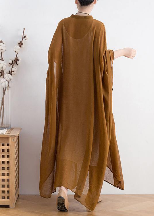 Natural yellow chiffon Robes plus size Shape stand collar Batwing Sleeve Dress - SooLinen