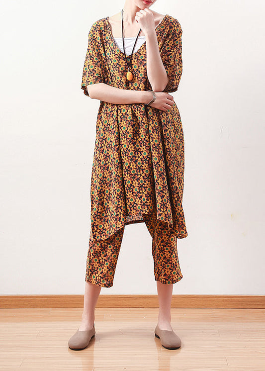 Naturgelbe geblümte Leinenoberteile Fine Photography V-Ausschnitt Cropped-Hose Shift Sommer Zweiteiler