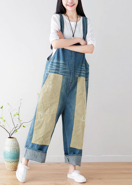 Natürliche Blaue taschen Patchwork denim Overalls Frühling