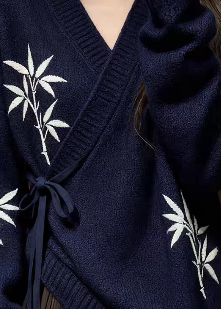 Navy Bamboo Print Lace Up Knit Sweaters V Neck Spring