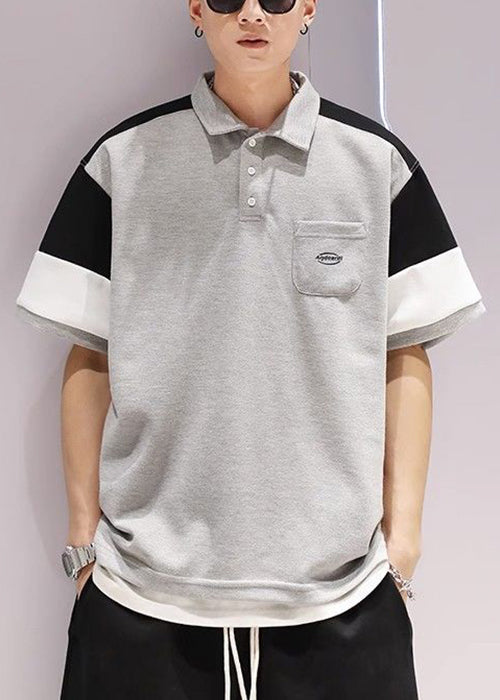 Navy Button Pockets Patchwork Cotton Polo Shirts Men Summer