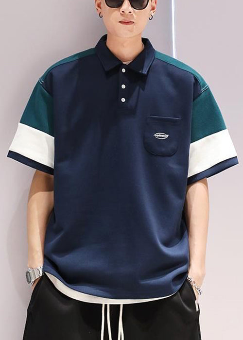 Navy Button Pockets Patchwork Cotton Polo Shirts Men Summer