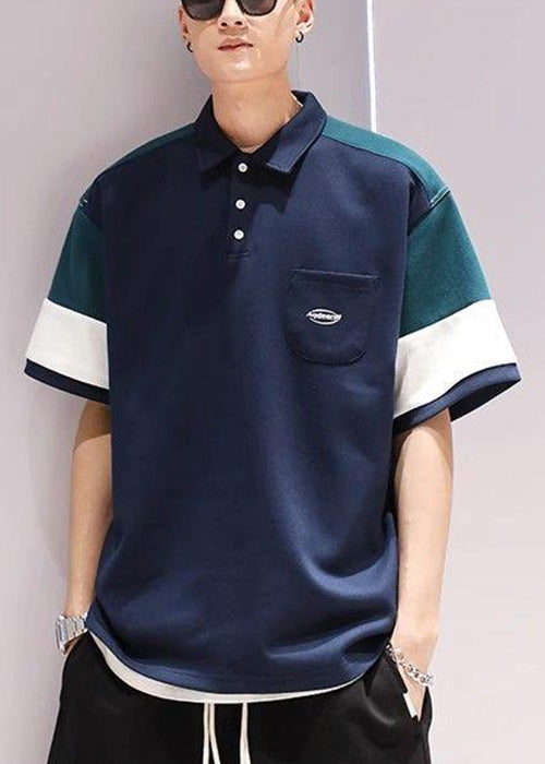 Navy Button Pockets Patchwork Cotton Polo Shirts Men Summer