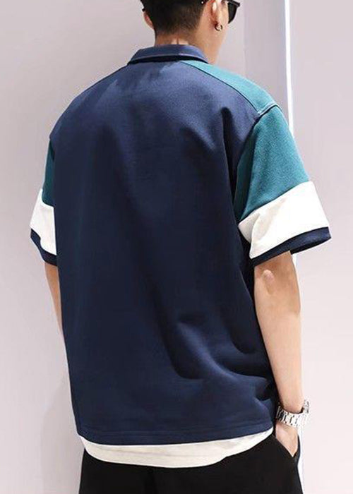 Navy Button Pockets Patchwork Cotton Polo Shirts Men Summer