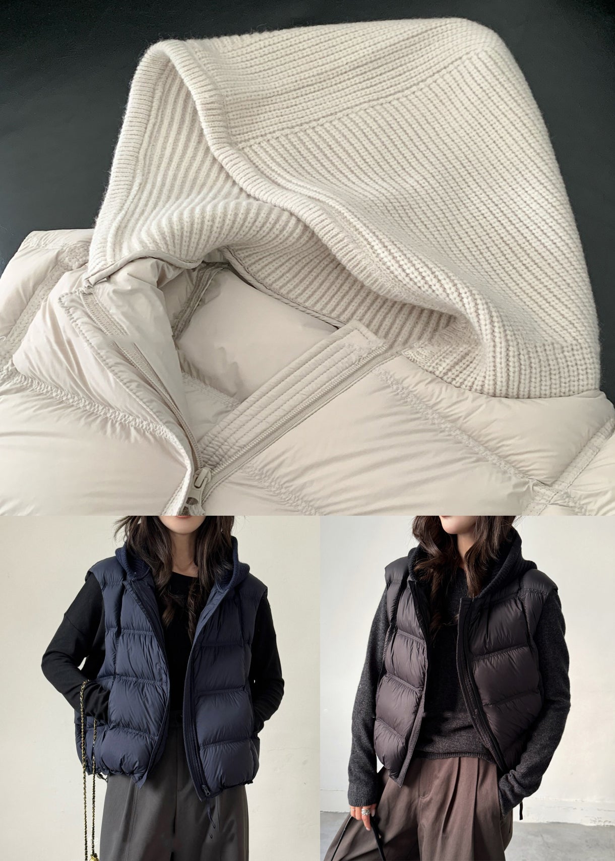 Chaleco de plumón de pato con parches lisos y cordón azul marino con cremallera para invierno