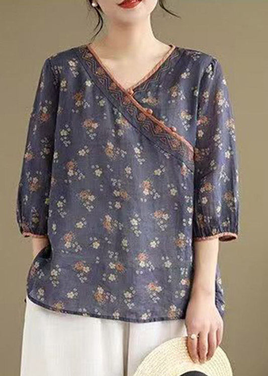 Navy Embroidered Patchwork T Shirt Short Sleeve