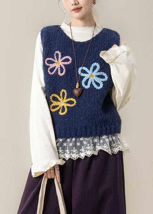 Marineblaues, geblümtes, kuscheliges Strickwesten-Top mit Rundhalsausschnitt für den Frühling