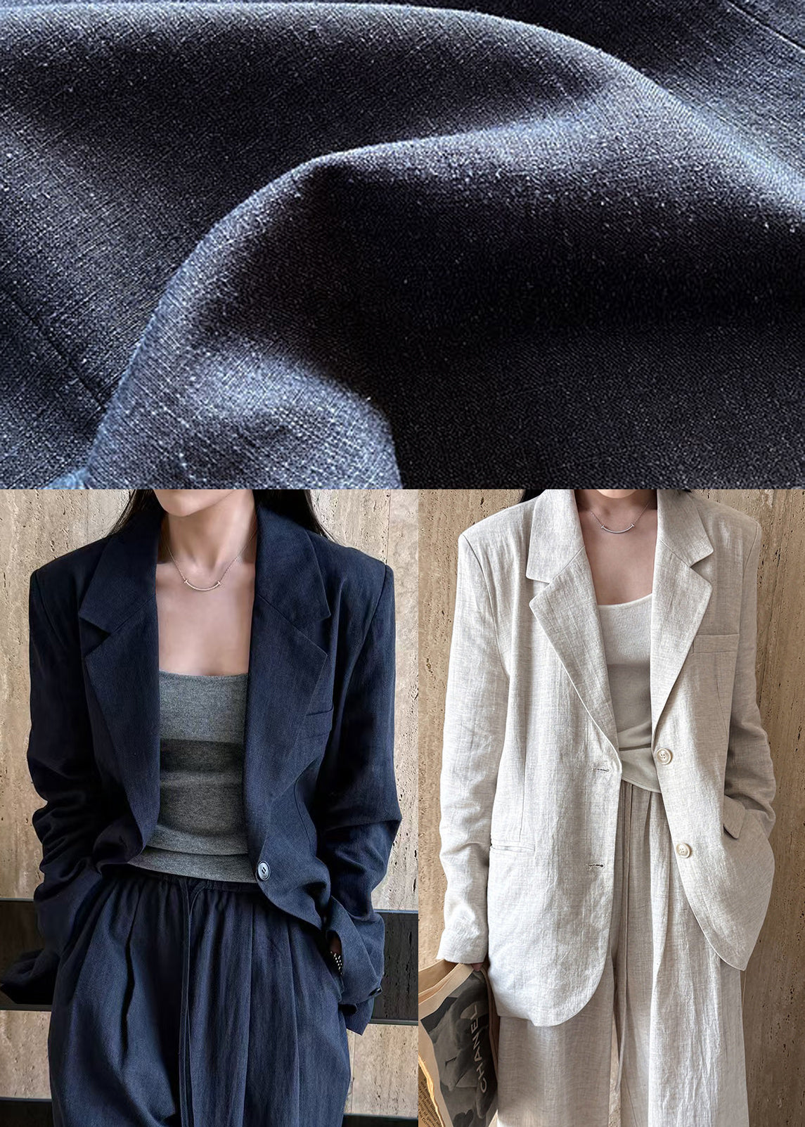 Navy Linen Two-Piece Set Oversized Notched Spring