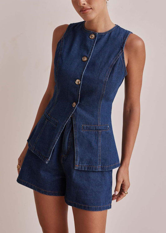 Navy Silm Fit Denim Two Piece Set Women Clothing Side Open Sleeveless