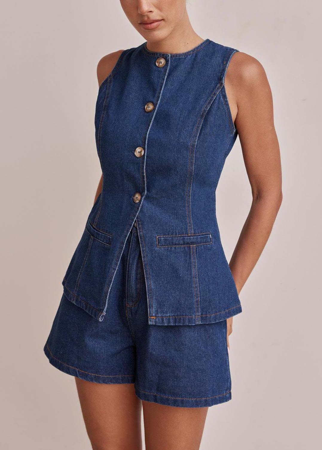 Navy Silm Fit Denim Two Piece Set Women Clothing Side Open Sleeveless