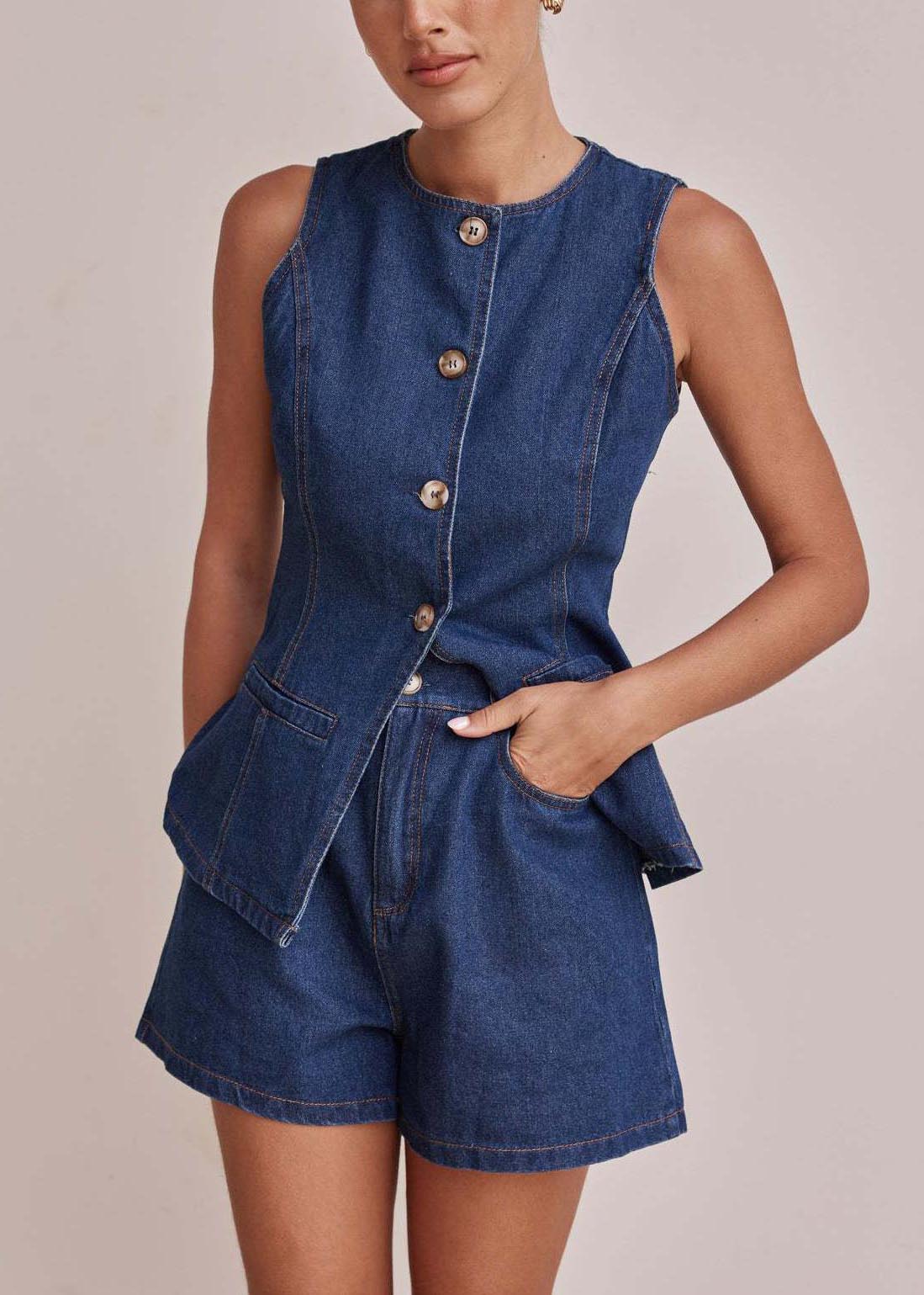 Navy Silm Fit Denim Two Piece Set Women Clothing Side Open Sleeveless