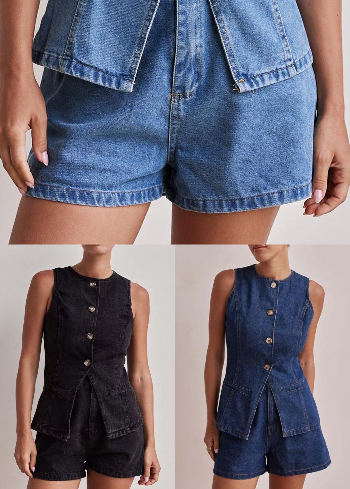 Navy Silm Fit Denim Two Piece Set Women Clothing Side Open Sleeveless