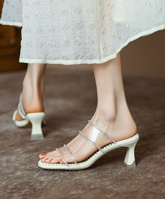 New Apricot Clear Chunky Heel Zircon Slide Sandals Peep Toe