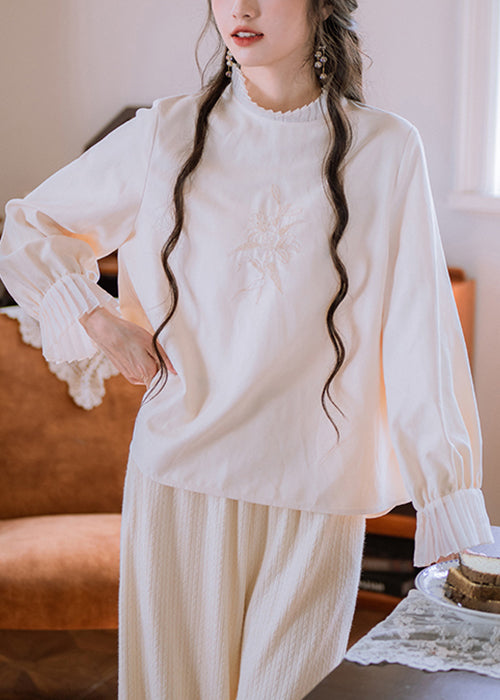 Neues aprikosenfarbenes, gerüschtes, besticktes Patchwork-Baumwolltop mit Patchwork-Muster für den Herbst