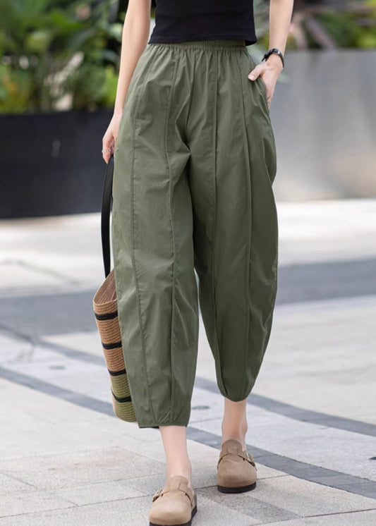 New Army Green Wrinkled Pockets Cotton Crop Pants Summer