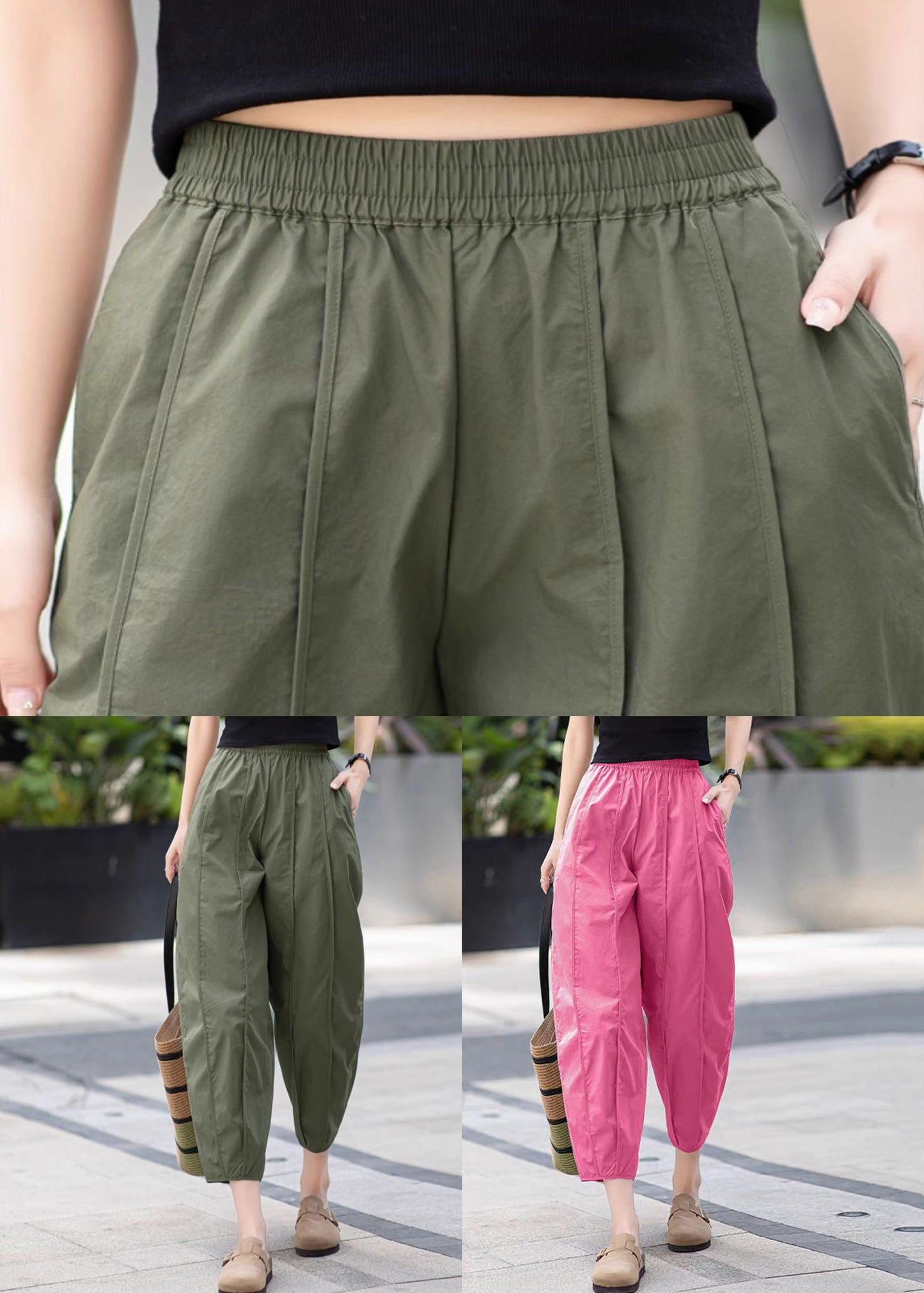 Neue olivgrüne, knöchellange Baumwollhose mit Falten in Taschen für den Sommer